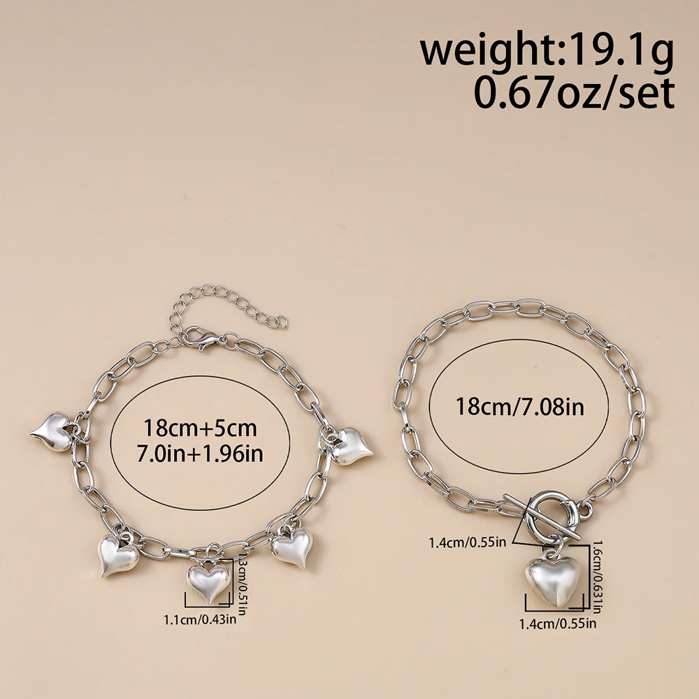 Aihua 2-teiliges Set Trendiges Silberfarbenes OT-Verschluss-Armband mit Pfirsich-Herz-Anhängern für Damen, Legierungs-Herz-Armband, Schmuckgeschenk – Detail 2