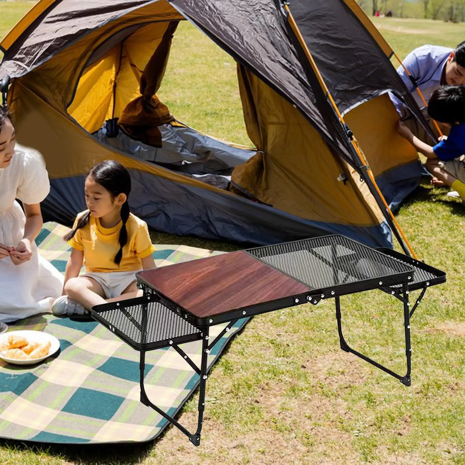 Folding Grill Table Camping Table Adjustable Height Camp Table with 2 Side Shelves Aluminum Table with Mesh for Picnic Garden