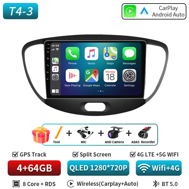 Android 16 CarPlay Auto 5G WIFI Autoradio Voor Hyundai i10 2007 2008 2009 2010 2011 2012 2013 GPS multimedia Spelerereo BT DVD