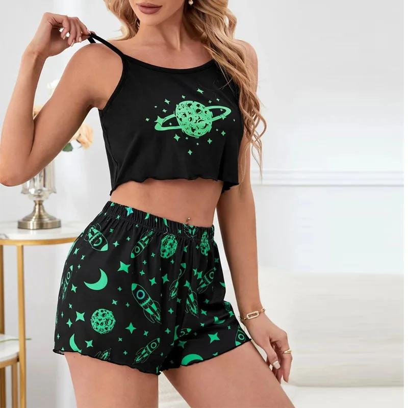 Women's Pajamas Sets Spring Summer 2Piece Print Pyjama Sling Sleepwear Sleeveless Top Shorts Pijama Mujer Pjs Homewear Housewear