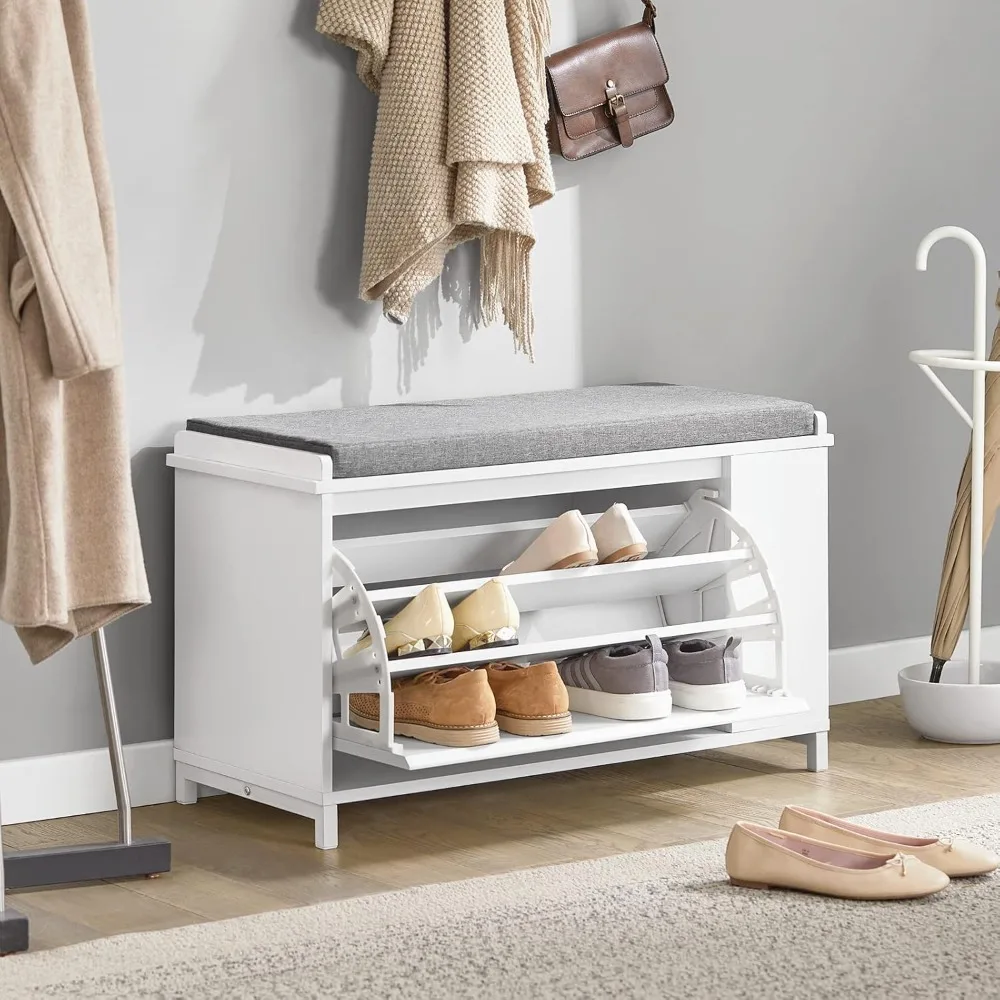 

White Shoe Storage Bench Entryway, Shoe Cabinet with Seat Cushion, Small Shoe Rack Side Shelf & Flip-Drawer