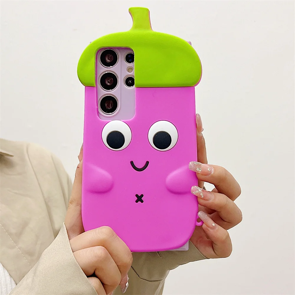 Cute Plump Big Eye Smile Eggplant Phone Case for S26 Ultra Playful Soft Silicone Protective Cover for Samsung Galaxy S25 S23 A57