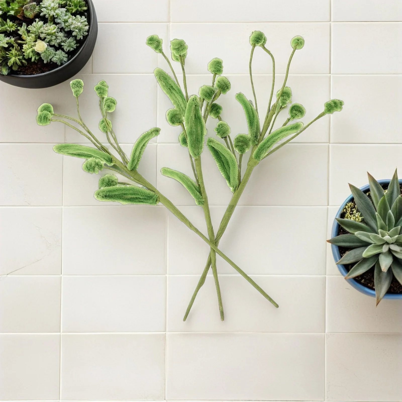 

3Pcs Vase Filler Decor Green Chenille Craft Stems Soft Bendable Fake Leaf Picks for Wedding Centerpiece Spring Festive Displays