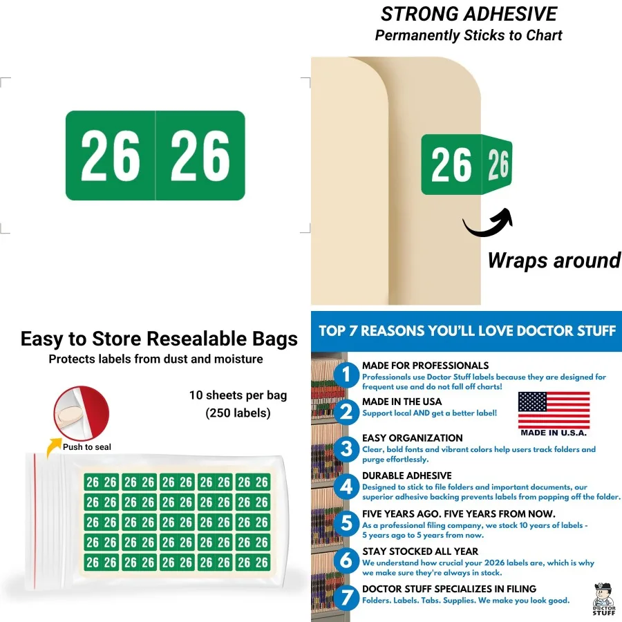 ملصقات سنة صغيرة لعام 2026 باللون الأخضر متوافقة مع سلسلة Smead ETS Doctor Stuff 2026 ملصقات مخططة ملصقات سنة مصنوعة من الولايات المتحدة الأمريكية لنهاية Ta