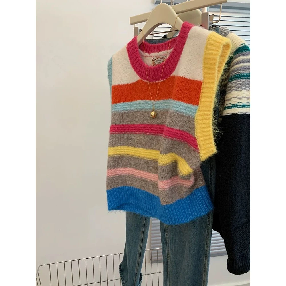 

Striped Knitted Tank Top Women's Svel Base Layer Vest inside Wear Outwear Sweet Sle round Ne Regular Length