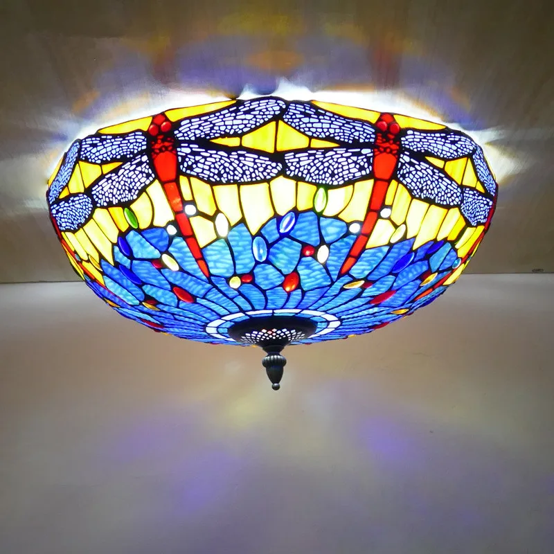 OUFULA Tiffany Ceiling Light American Countryside Bedroom Study Modern Creative Bar Counter Corridor Colored Glass Ceiling Light