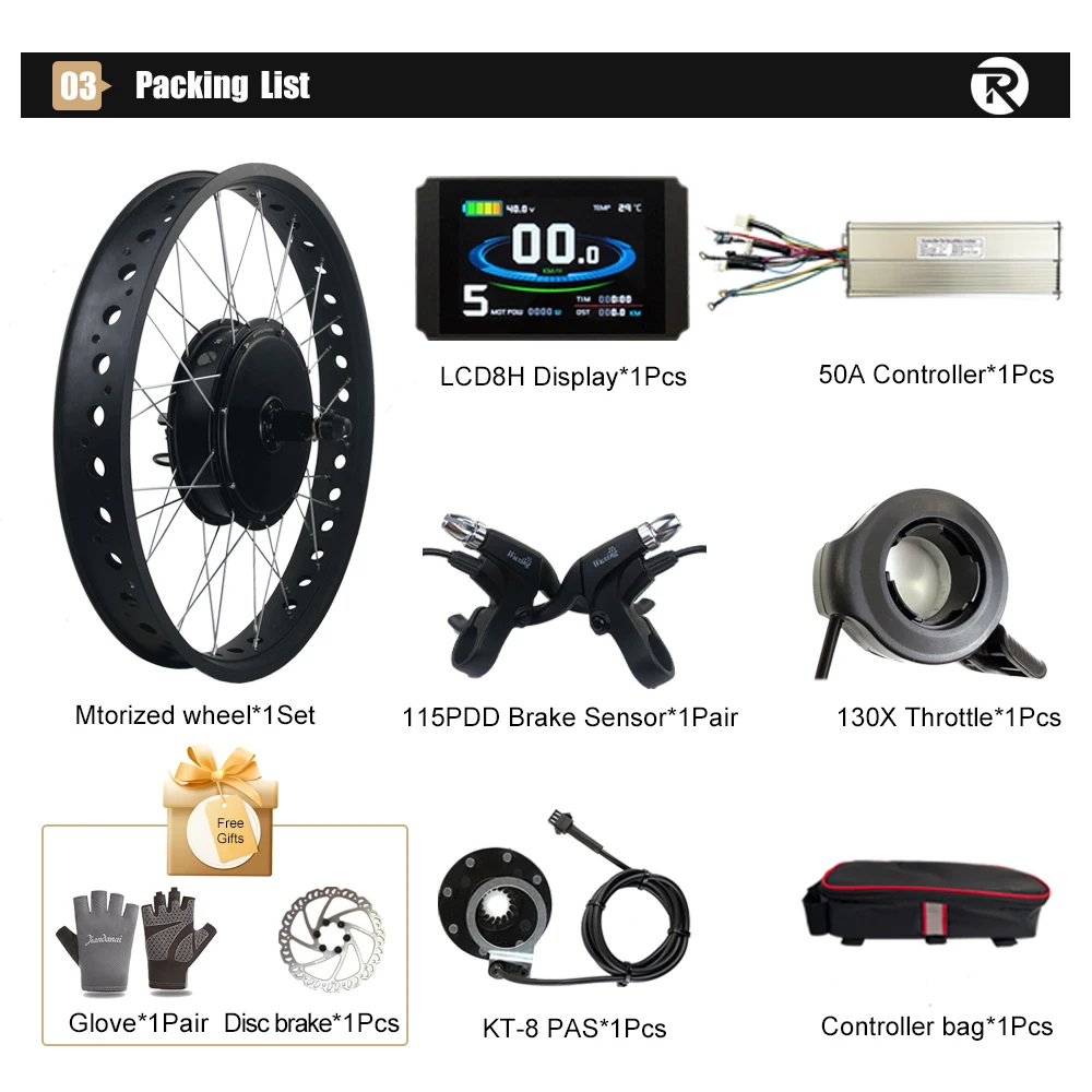 72V3000W Electric Bike Conversion Kit 170mm /190mm Fat EBike Conversion Kit with 4.0 Tire 20/26 Inch for Snow Bike