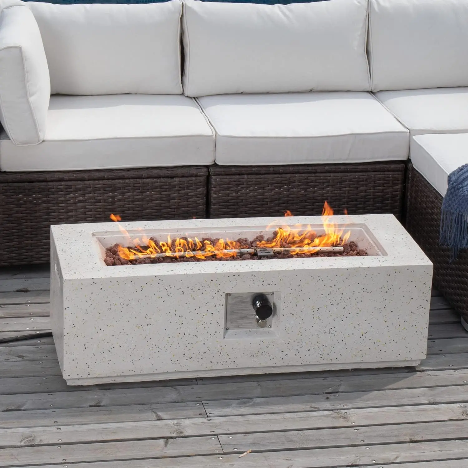 Propane Fire Pit Coffee Table, 42-inch x 13-inch Terrazzo Rectangle Base Patio Heater w 50,000 BTU Stainless Steel Burner