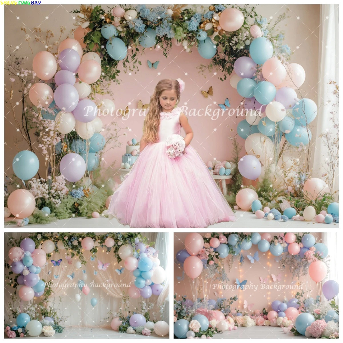 Pink Balloon Arch Backdrop Romantic Curtains Butterfly Indoor Photography Background for Girls Birthday Party Wedding Decoration