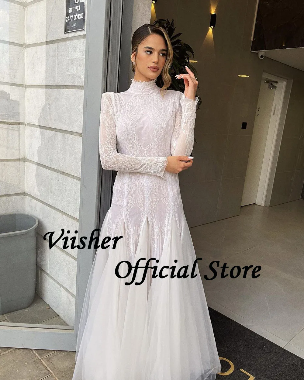 Visher weiße Spitze Tüll Meerjungfrau Brautkleider Langarm High Neck Dubai Israel Brautkleid Luxus Frauen Hochzeit Brautkleid