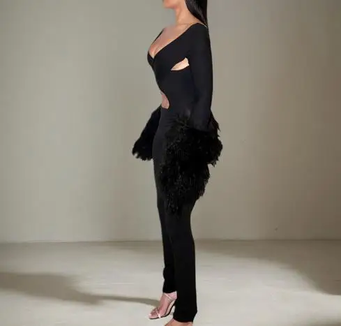 

Autumn New Fashion Trend Personalized Deep V-Neck Cross Design Hollow Out Exposed Navel Hairy Cuff Design Tight Jumpsuit