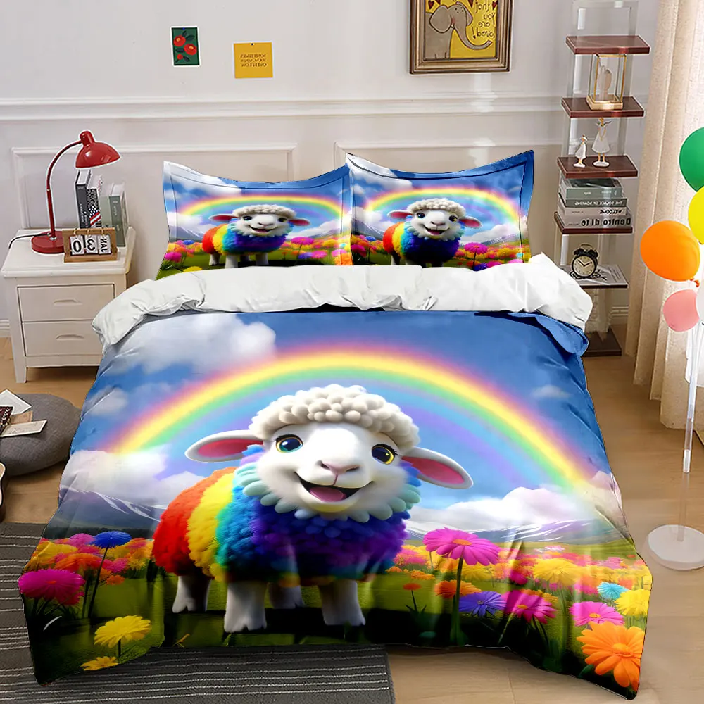 

Colorful sheep in flower field with rainbow Print Bedding Set 1 Duvet Cover 2 Pillowcases for Adult and Children Luxury Gift