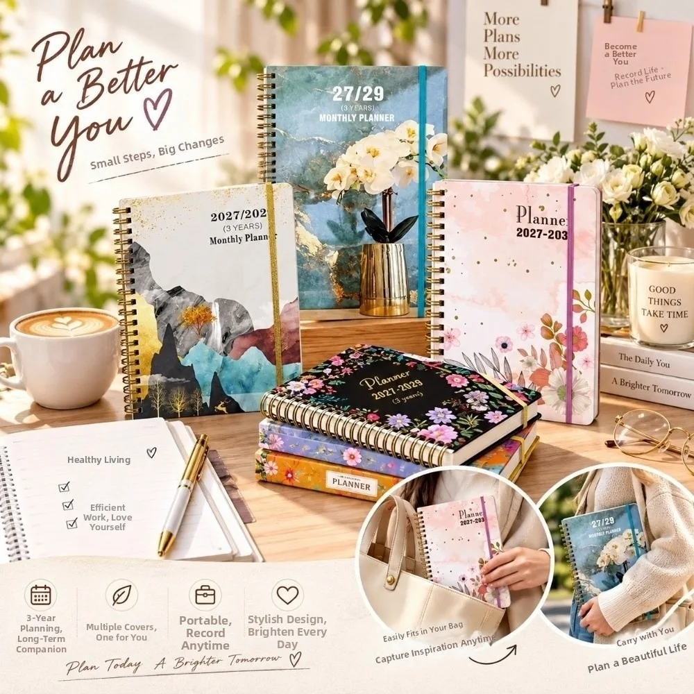 Flower Theme Cover 2027-2029 Monthly Calendar Spiral Bound Cat Print Annual Calendar Notebook A5 Multi-Year Agenda Notepad