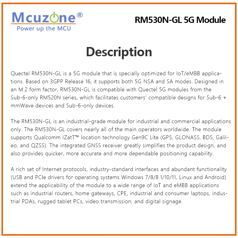 Оригинальный Quectel RM530N-GL 5G 4G 3G LTE-A Многорежимный модуль Sub-6G mmWave M.2 Многосозвездийный GNSS-приемник 3GPP R16