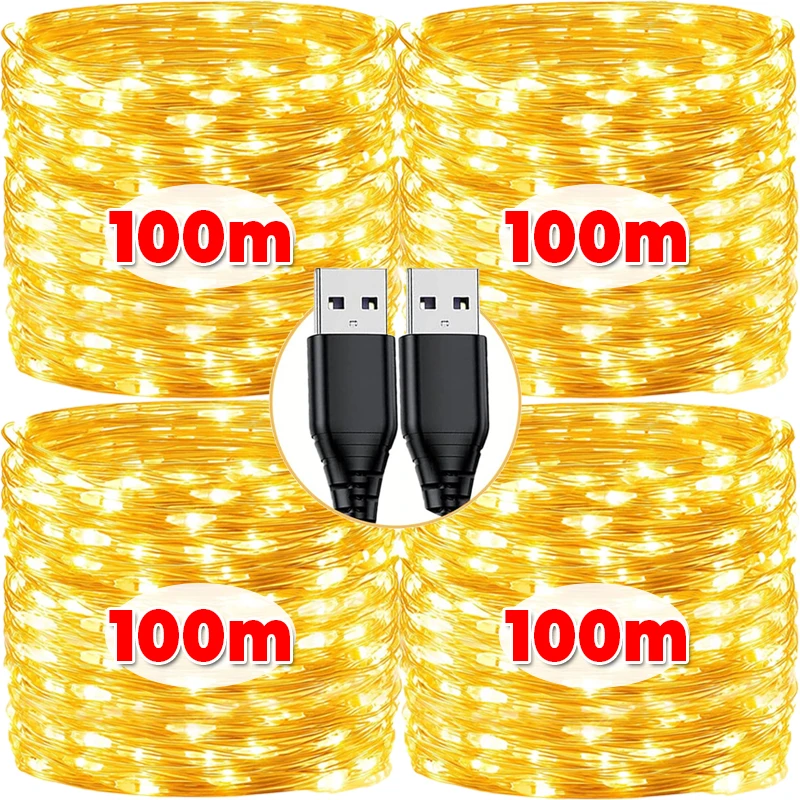 Fio de cobre de natal led string luz usb/bateria operado guirlanda cordas de iluminação de fadas casamento feriado decoração do quarto