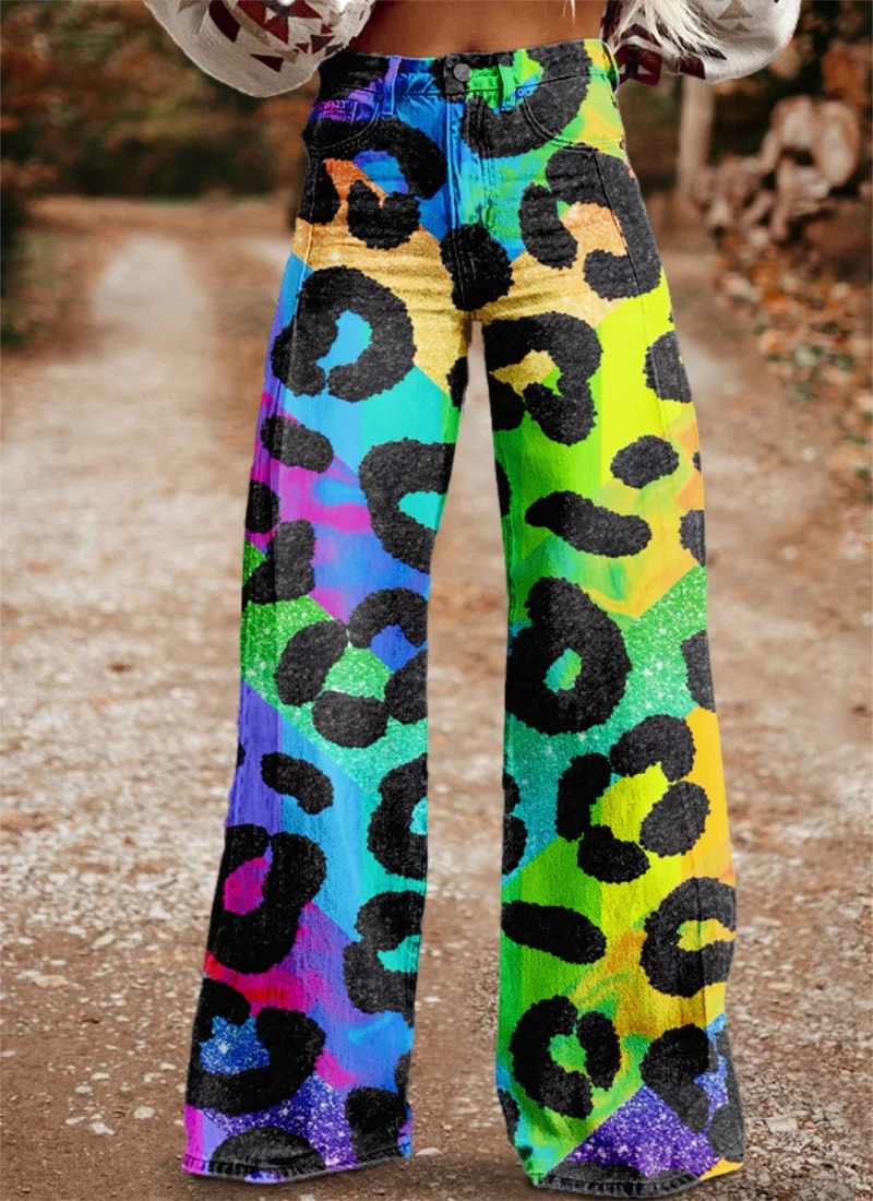 

3D printed women's high waisted wide leg pants flared pants casual 2024 new women's pants comfortable casual pants imitation jea