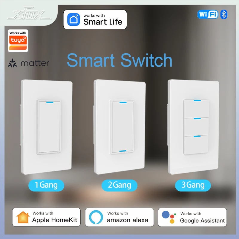 Matter WiFi Smart Light Switch 110-240V 1/2/3 Gang Need Neutral Wire  Control Works With Smart Life&Tuya App Alexa Google Home