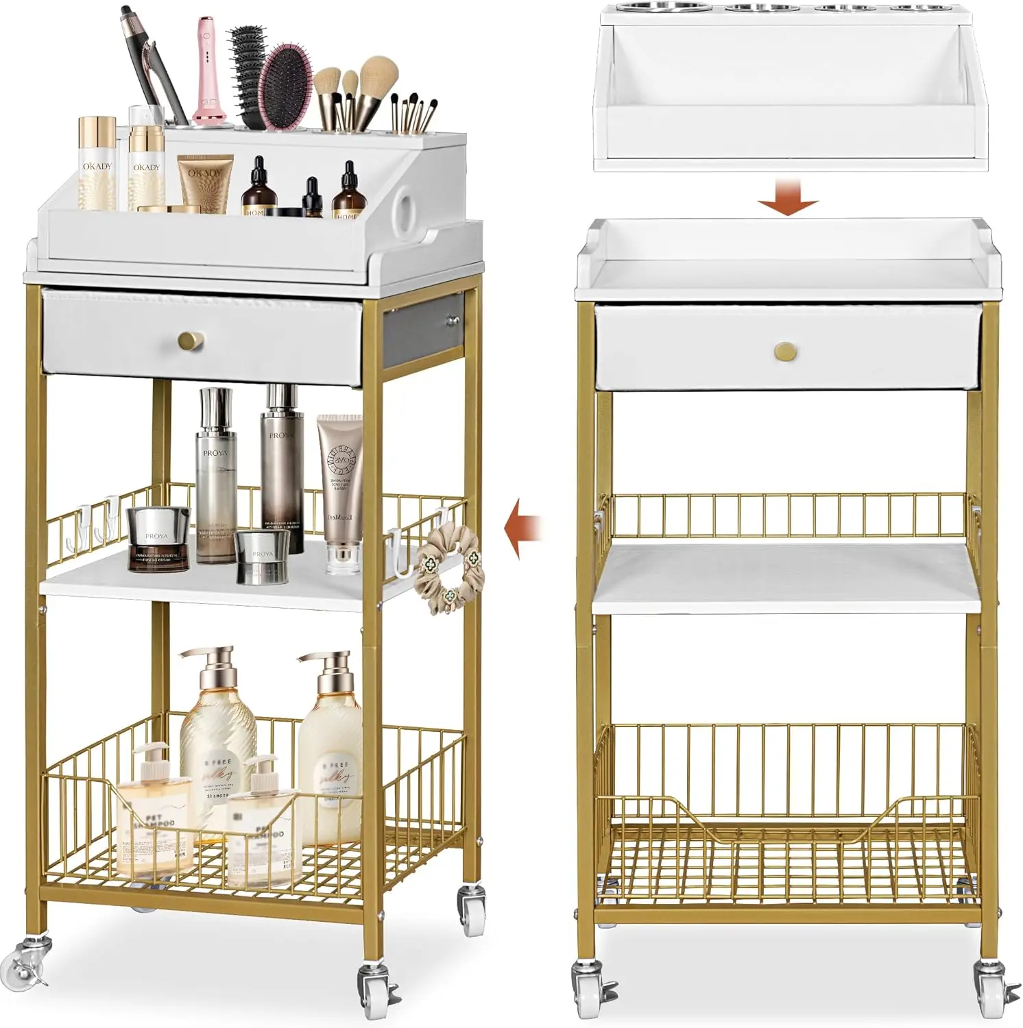 

Rolling Makeup Organizer Cart with Drawer, 2-in-1 Vanity Storage for Skincare and Cosmetics, Gold Finish