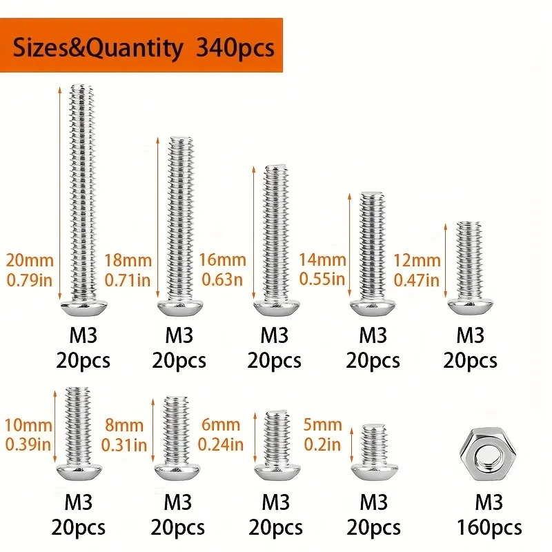 340Pcs M3 304 Stainless Steel Cross Disk Drill Bit Nut Combination Kit M3 Cross Round Head Screw, DIY Tool Screw Nut Kit