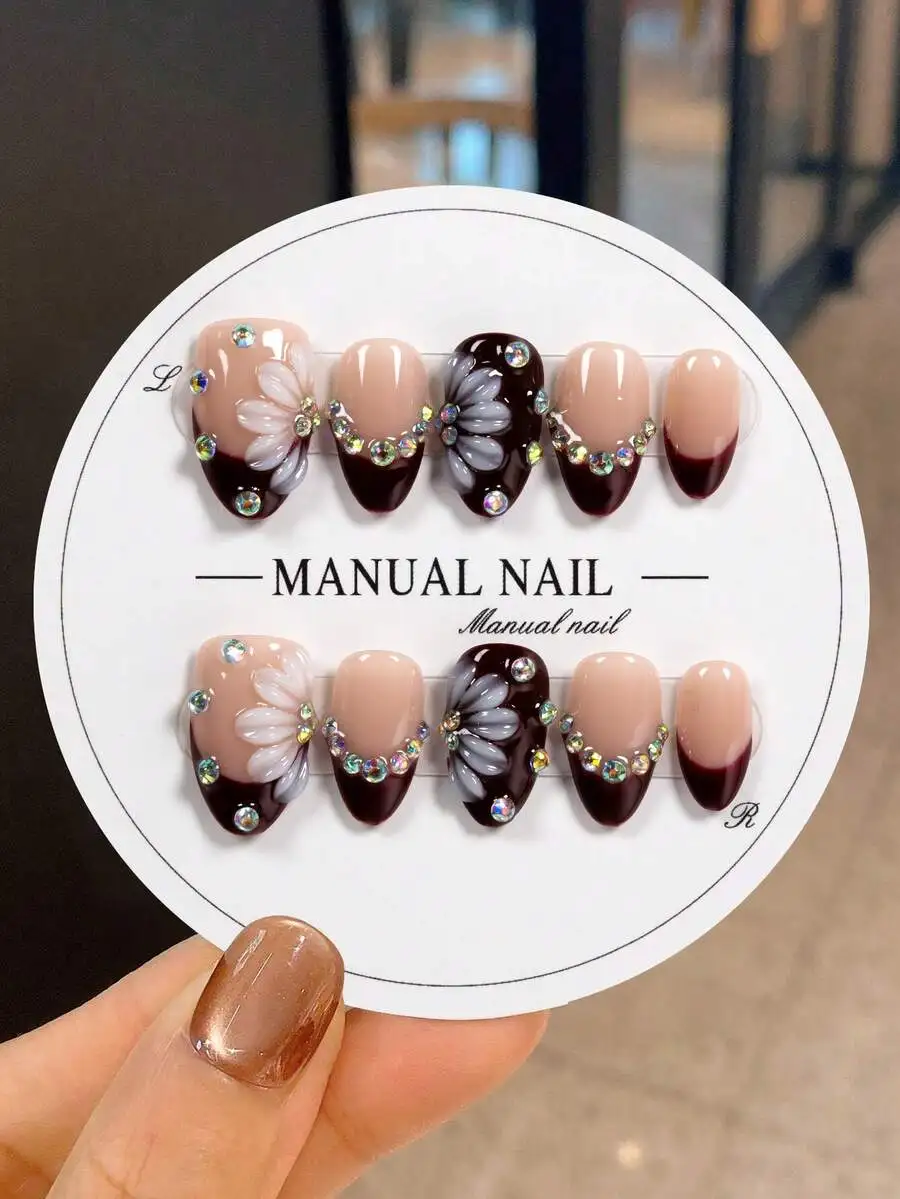 Handmade Short Almond Press-On Nails With 3D Daisy Flower Burgundy French Tips Nude Base Iridescent Rhinestones Glossy Finish
