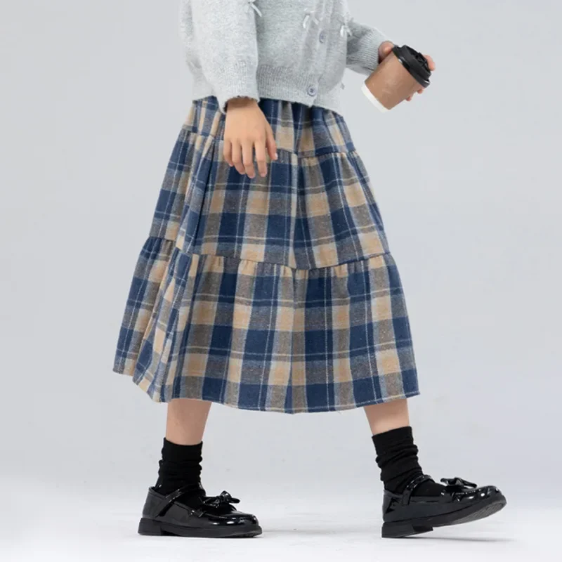 Classic Plaid Girls Woolen Skirt Autumn Winter Fashion Warm Mid-length Teen Children A-line Skirt Casual Elegant Princess Skirt
