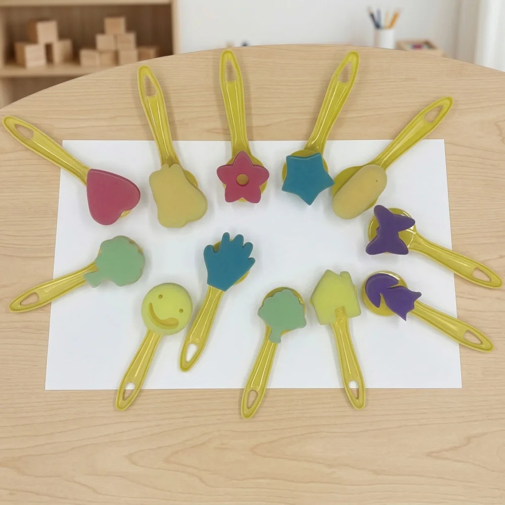 12Pcs Shape Sponge Painting Brushes, Heart Star Flower Patterns, DIY Art Stamps for Kids, Reusable Drawing Tools