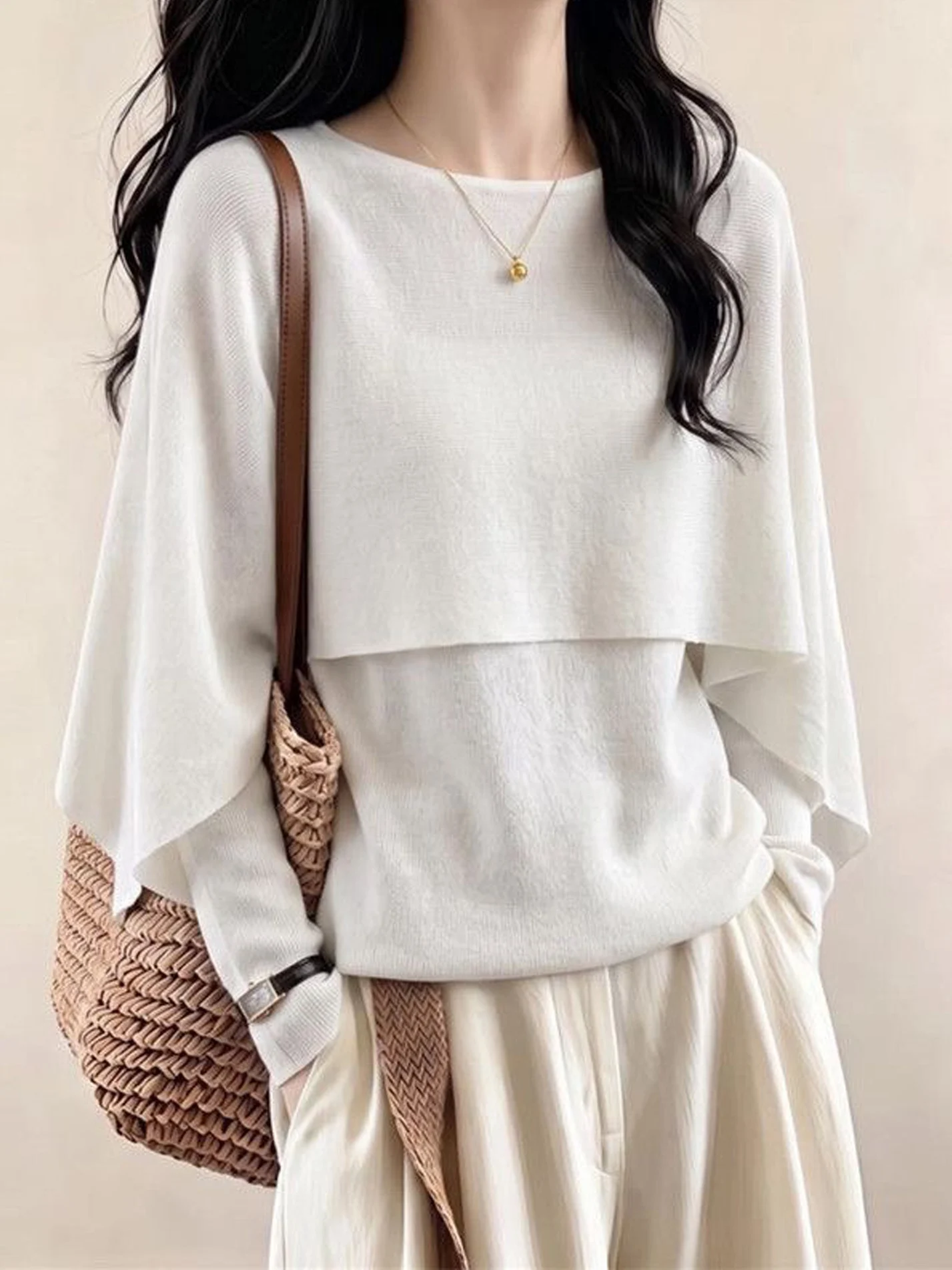Loose Long Sleeve Women's Base Shirt Korean Style Design Velvet Cowl Neck Poncho Shoulder Wrap Autumn Winter Slimming Versatile