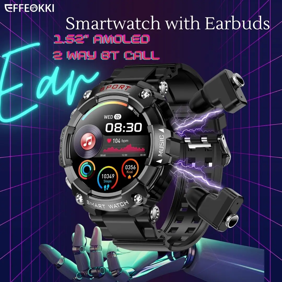 

Hybrid Smartwatch with Earphones 1.52 Inch AMOLED Multi-Sport Tracker, Integrated Audio Wearable Technology for Fitness