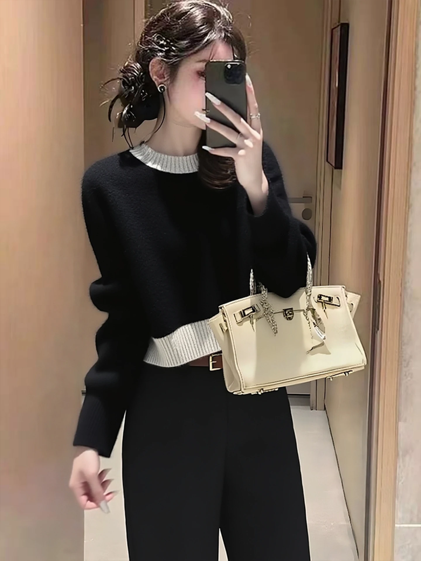 

Ele Casual Long Sve round Ne Knitted Sweater Color Blo Design Winter Top for Women Comfortable Loose Fit Knitwear