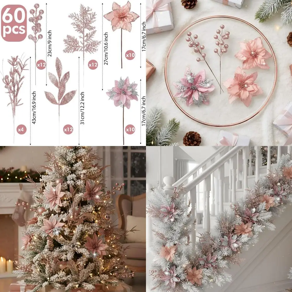 

60 Pcs Christmas Glitter Branches 6 Styles Artificial Christmas Picks Berries Stems Poinsettia Flowers Pine Needles Floral Twig