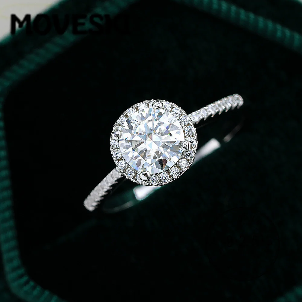 

MOVESKI 925 Sterling Silver Halo Moissanite Engagement Ring for Women, 0.5/1/2/3CT D Color VVS1 Round Cut Promise Ring
