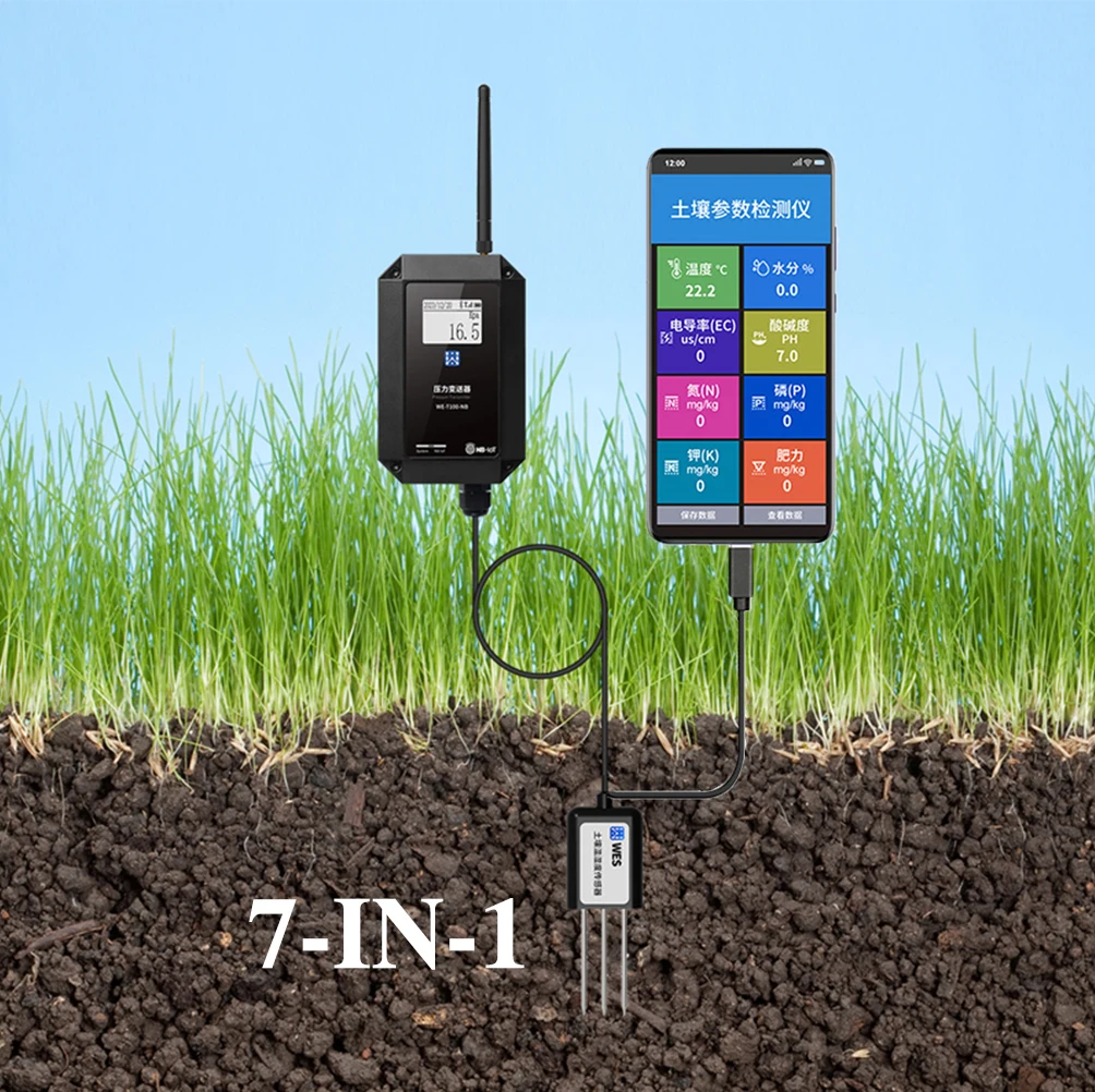 

7-in-1 Irrigation Greenhouse Forestry IP68 Probe EC Transmitter LoRa/4G/NB-IoT 0-20mS/cm ±3% Accuracy Soil Conductivity Sensor