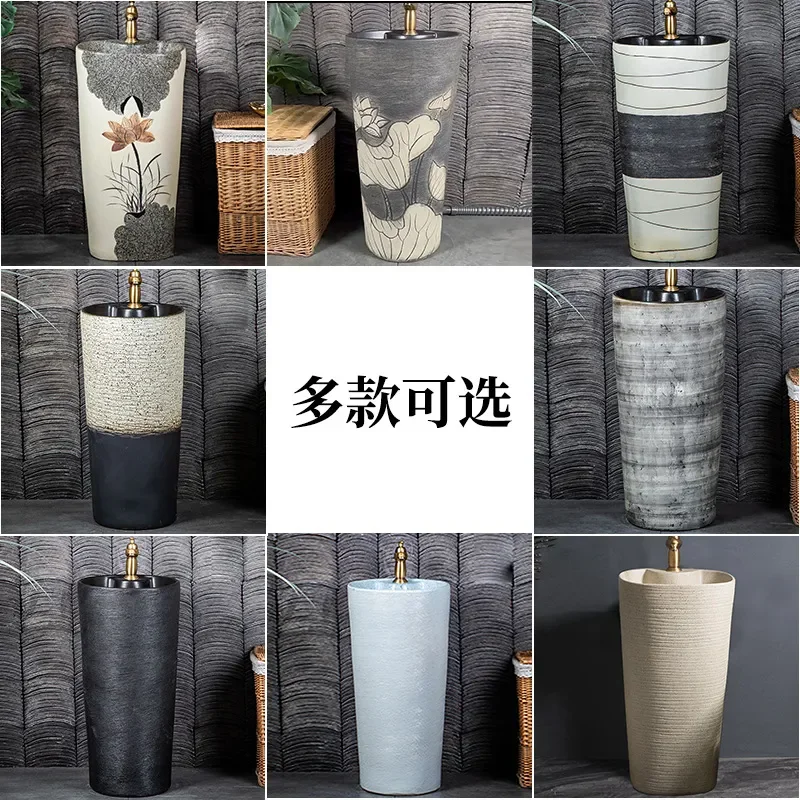 for Ceramic Integrated Floor to Ceiling Column Washbasin Retro Art B&B Home Wash Basin Balcony Pool Column Basin