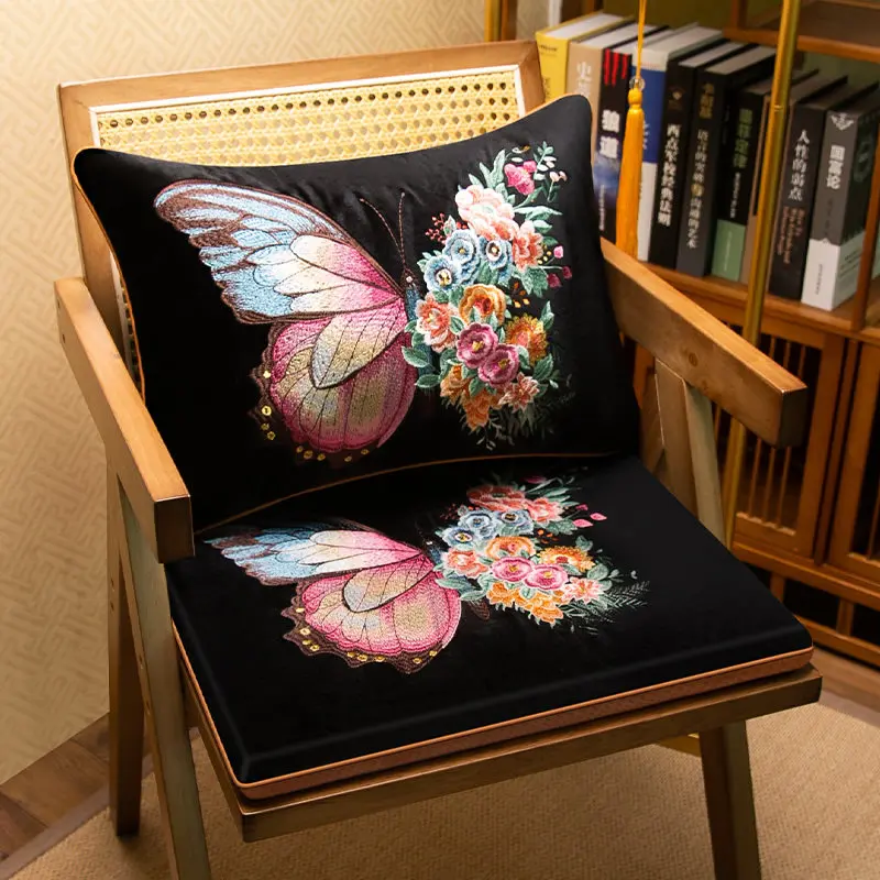 New Chinese Velvet Embroidery Anti-slip Seat Cushion for Dining Chair Taishi Chair Tea Chair Redwood Chair Seat Cushion