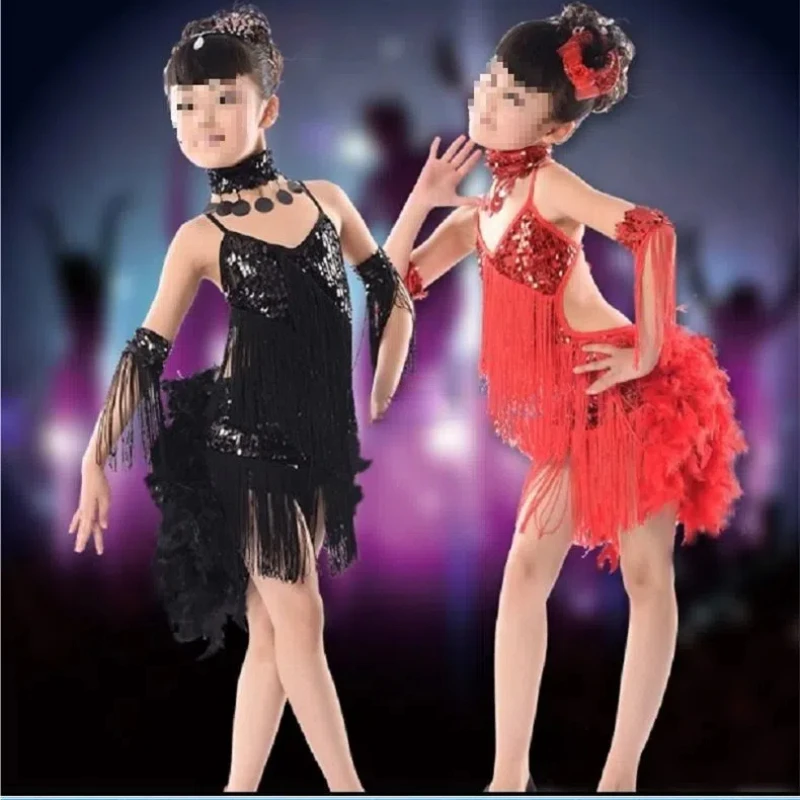 Children's Latin Dance Dress Performance, Girls' Sequin Tassel Feather Performance Costume, Group Stage Performance, Dance Dress