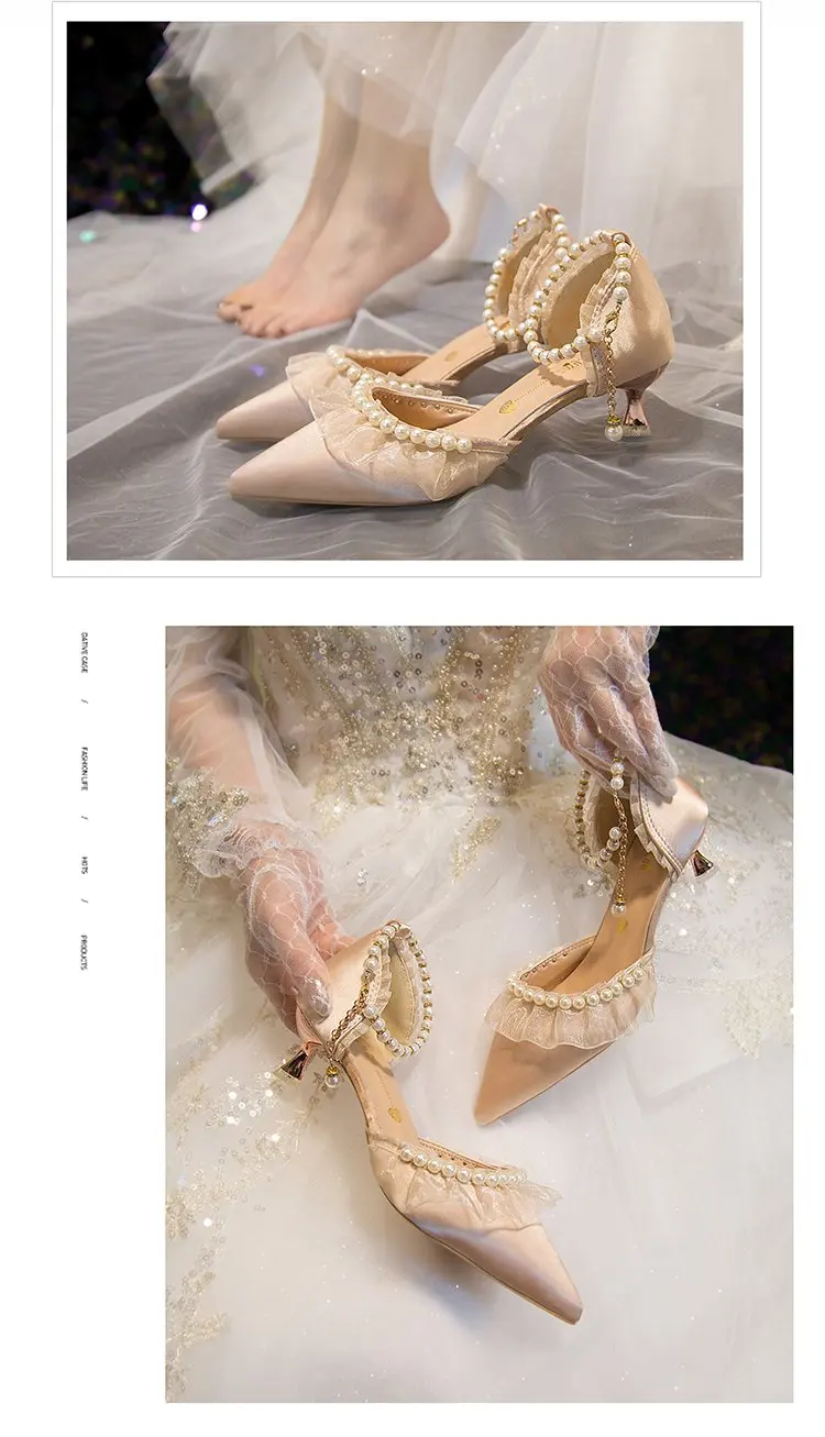 Weiße Hochzeitsschuhe für Damen 2026 Sommer Luxus Seide Perlen Knöchelriemen High Heels Pumps Spitze Damenschuhe mit Absatz – Detail 10