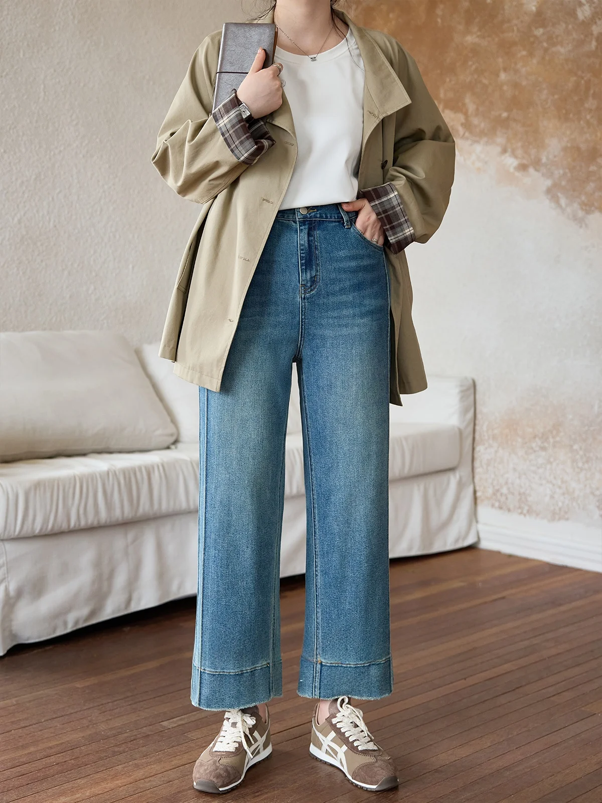 

Джинсы XLIDM с высокой талией и прямыми штанинами, женские повседневные джинсы больших размеров с высокой эластичностью, утягивающие, длиной до щиколотки