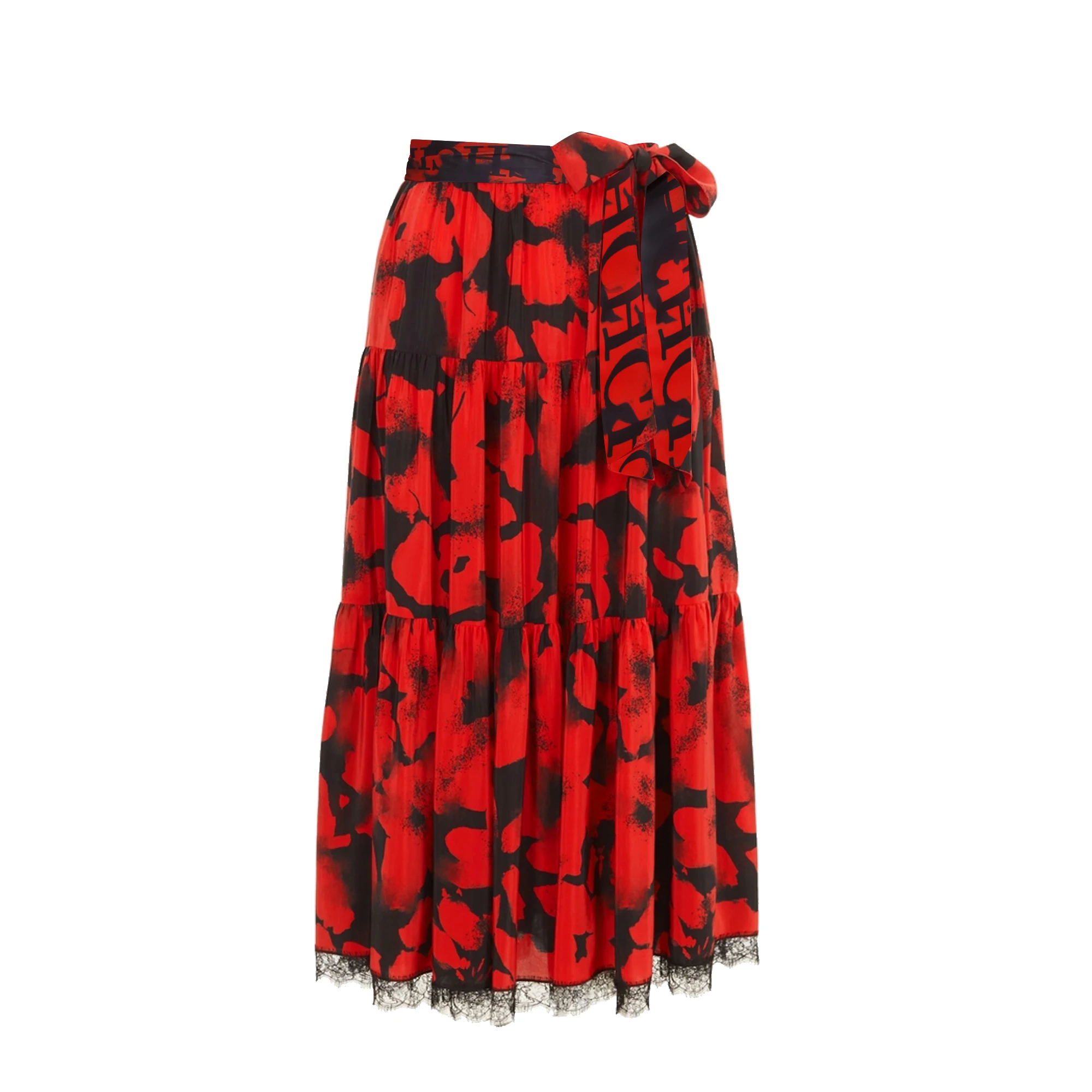 CHCH Women's Half length Skirt Summer Retro Red Printed Irregular Long Skirt Fashion Commuter Cake Skirt