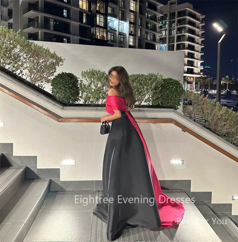 Eightree Black/Pink Arabic A Line Prom Dresses Off Shoulder Evening Party Dress Satin Dubai Formal Occasion Gowns Robe De Soirée