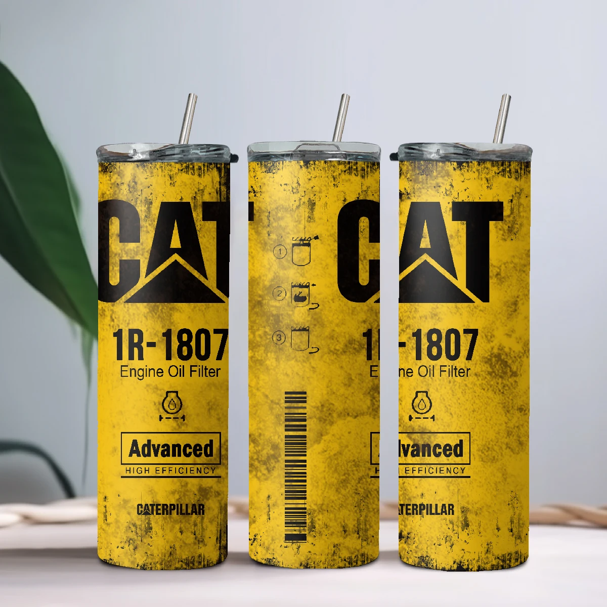 20oz Caterpillar Cat Stainless Steel Vacuum Flask Insulated Tumbler with Straw and Lid Cold Hot Drink cup Engine Oil print Gifts