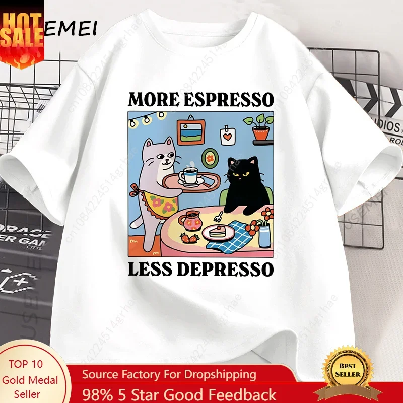 More Espresso Less Depresso Black Cat T-shirt Men Women Funny Coffee Cat T Shirt Casual Summer Cotton Short Sleeve Tshirt Tops — купить у AliExpress WW