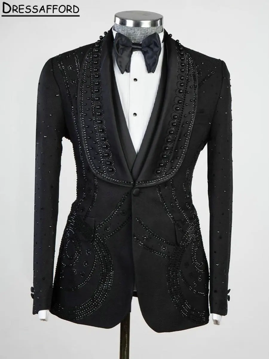 Traje de fiesta de noche para hombre, Blazer de dos piezas con perlas negras, cuentas de cristal, ropa de novio (chaqueta + pantalones)