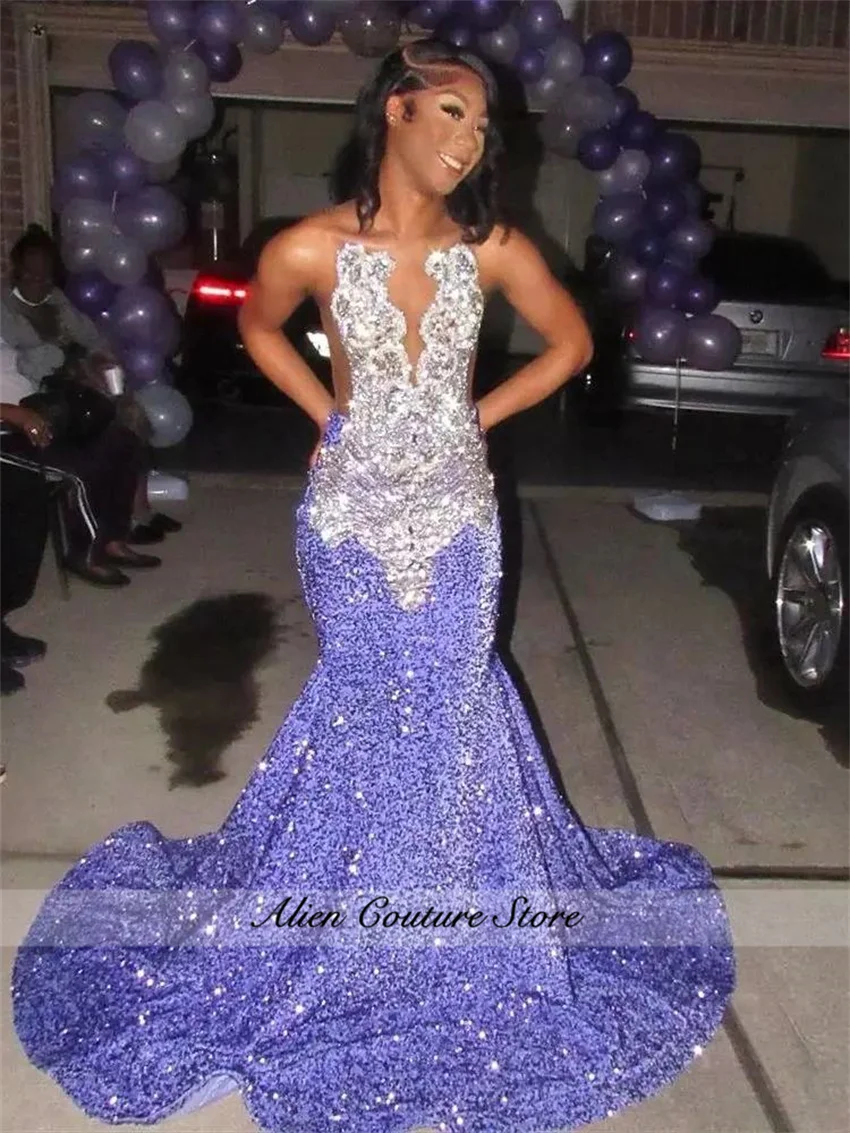 Abiti da ballo lunghi viola lavanda per ragazze nere 2025 Perline Gemme Strass Abito da festa di compleanno per matrimonio personalizzato