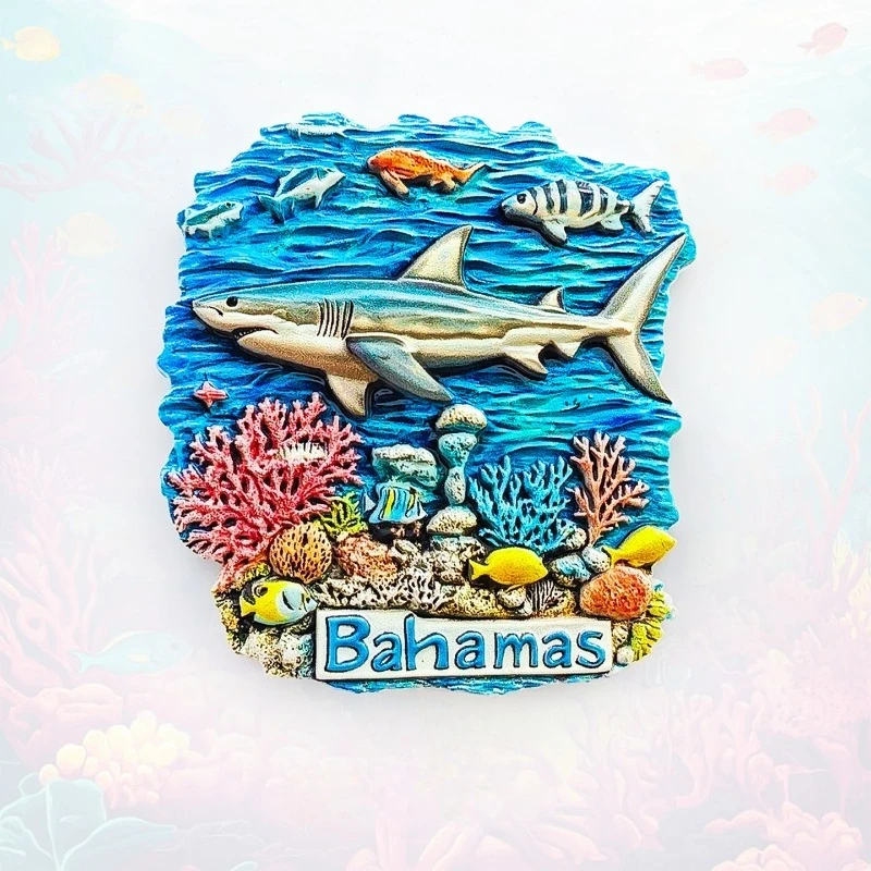 

Bahamas Shark & Coral Reef Fridge Magnet - 3D Marine Life Souvenir Tropical Fish School Decor Unique Ocean Gif