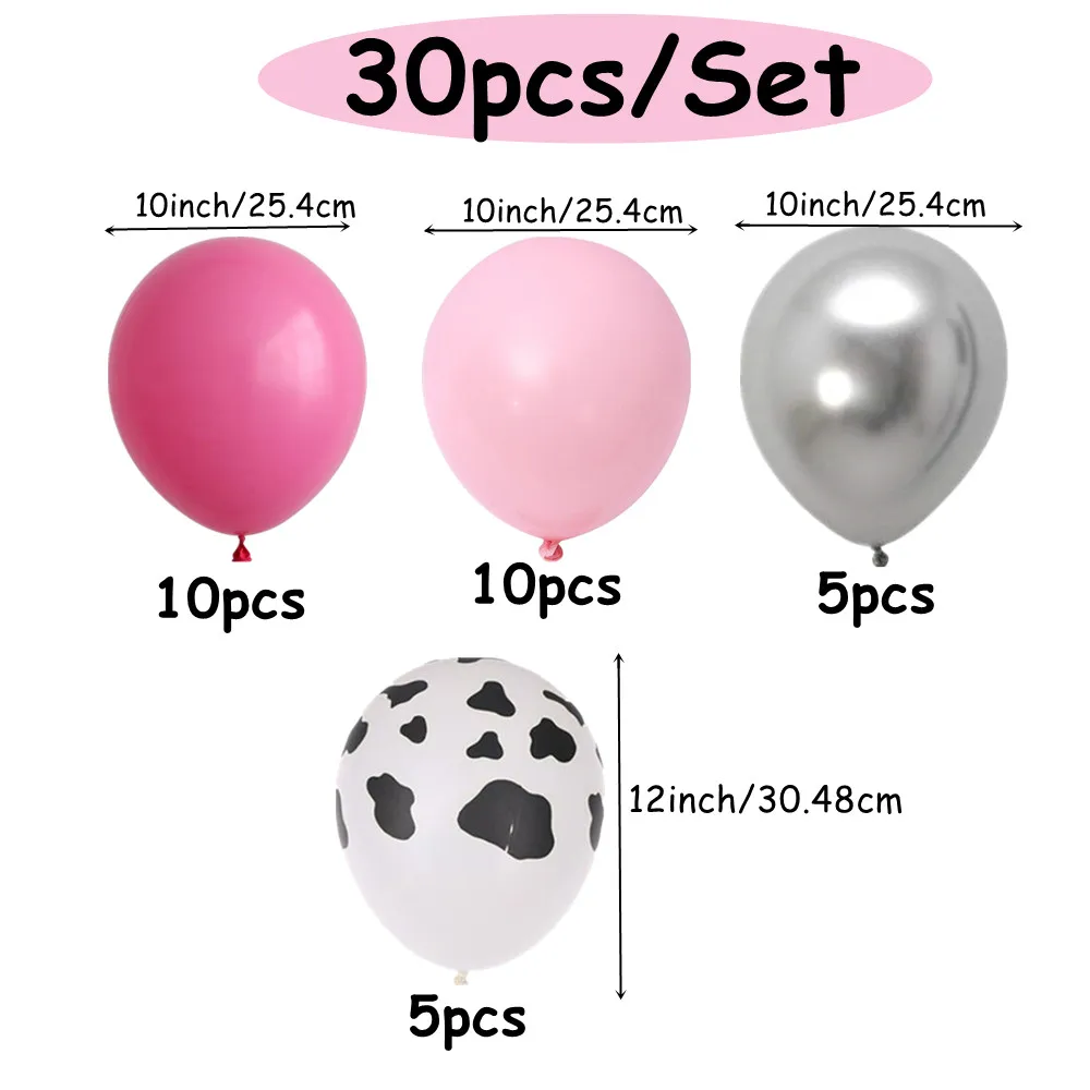 30pcs Rose Red Pink Cow Print Balloons Metallic Silver Latex For Cowgirl Birthday Last Rodeo Bachelorette Bride to be Decoration