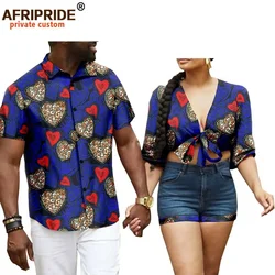 African Couple Clothes Women`s Crop Top Denim Shorts 2 Piece Set Men`s Slim Fit Short Sleeve Shirts Blouse Match Print A20C006