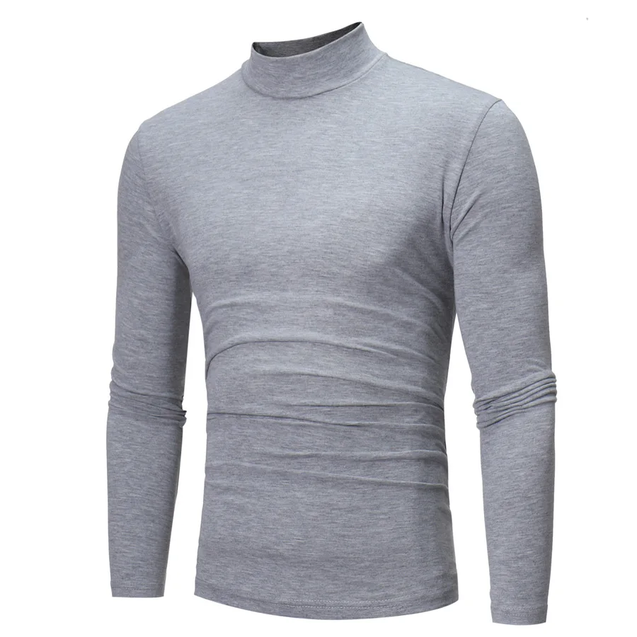 Fashion Men\'s Casual Slim Fit Basic Turtleneck Cotton T-Shirt High Collar Pullover Male Autumn Spring Thin Tops Basic Bottoming