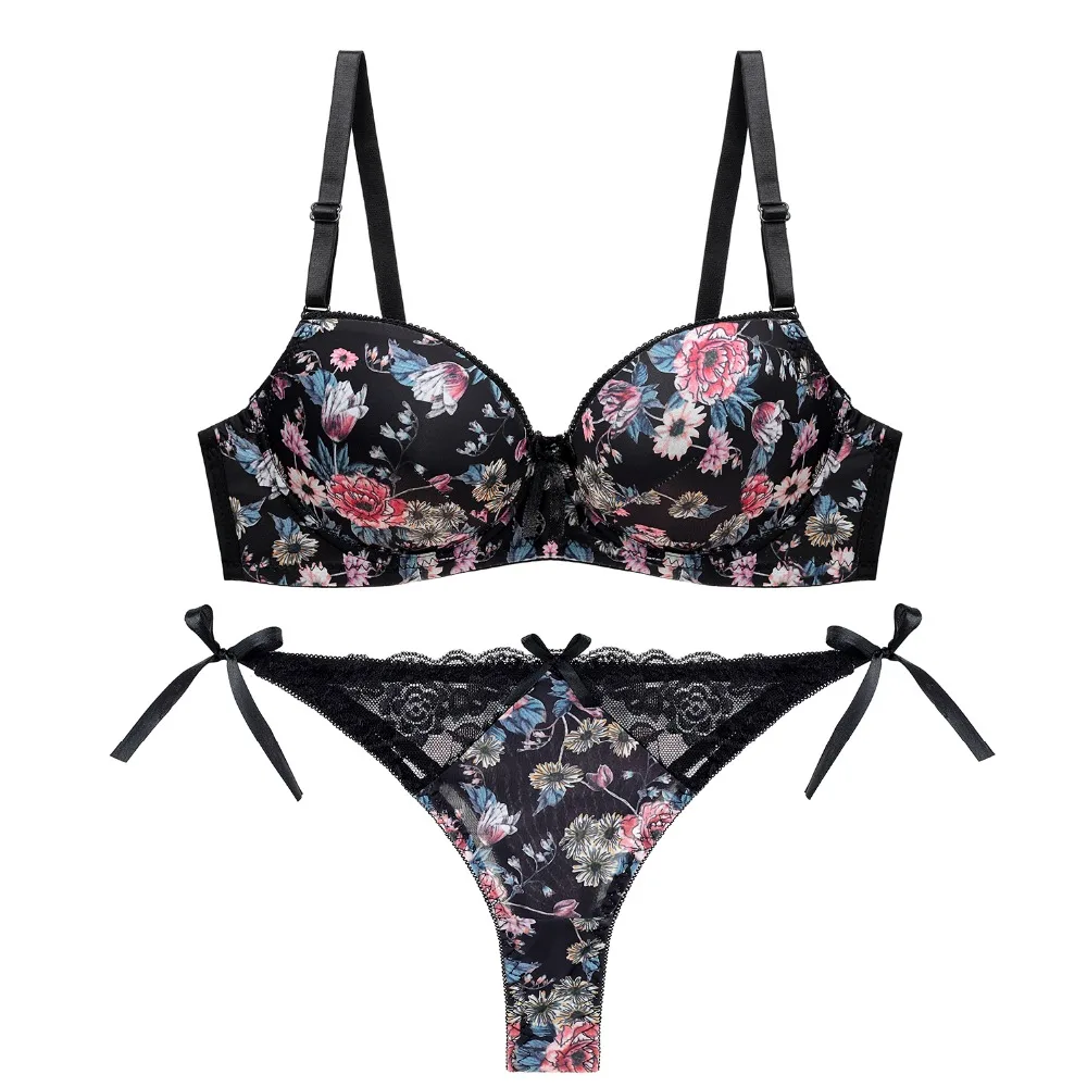 

women's large size lingerie set floral print lace bow underwear set for ladies sexy push up plunge bra set