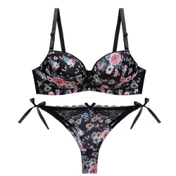 women's large size lingerie set floral print lace bow underwear set for ladies sexy push up plunge bra set