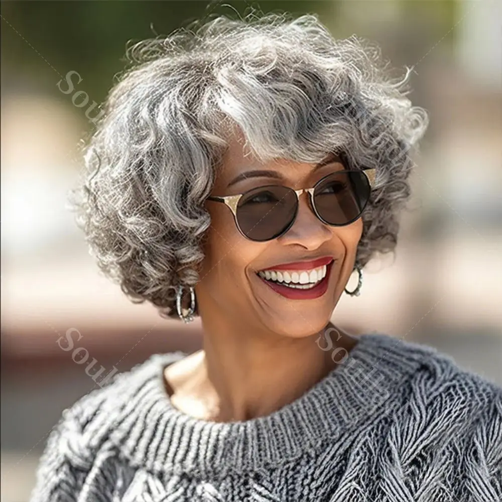 Soul Lady Salt & Pepper Wig Mixed Gray Glueless 5x5 Pre-Cut Loose Curly Lace Closure Human Hair With Bangs Silver Grey Bob Wigs